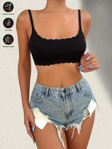 Solid Color Scallop Trim Seamless Yoga Tank Tops Comfy Breathable Wireless Sports Bra Bra Women's Lingerie Underwear - Black - View 4