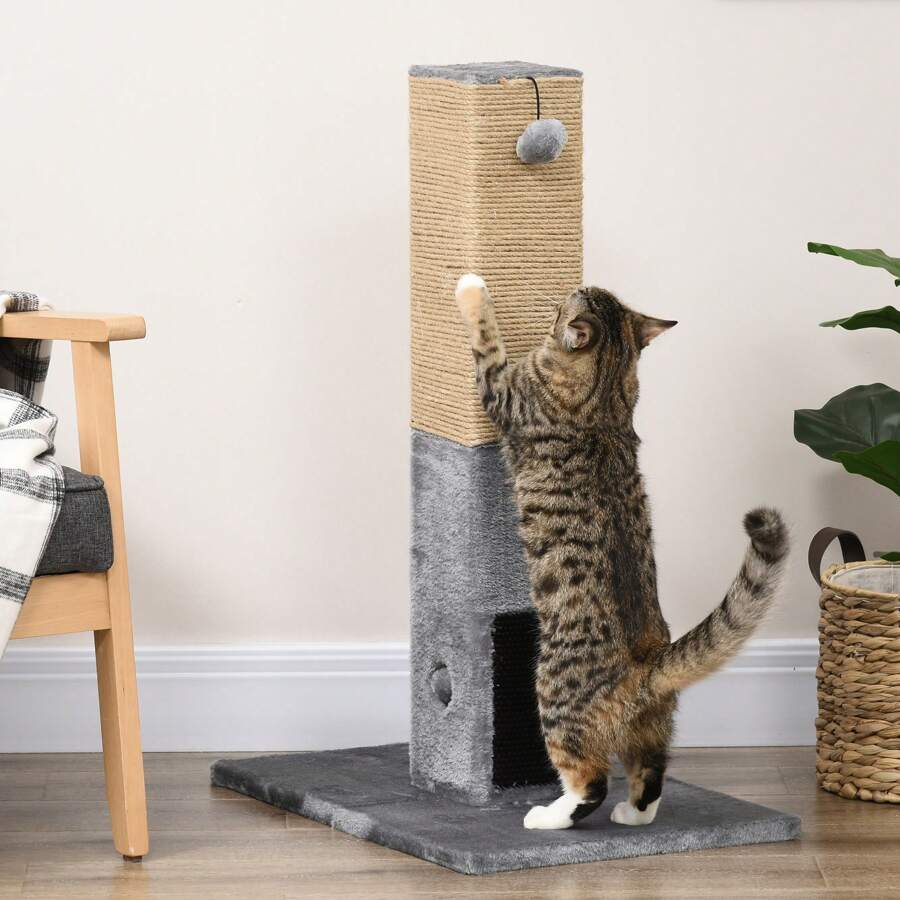 PawHut Cat Tree Scratching Post For Indoor Cats 79cm Jute Scratcher Climber W/ Carpet Base Dangling Toy - Grey - View 1