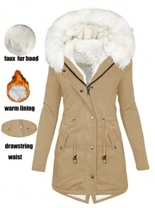 1 Áo khoác trùm đầu lót lông, có khóa kéo, mặc hàng ngày, dành cho nữ, thời trang thu/đông - Màu Khaki - Xem 1