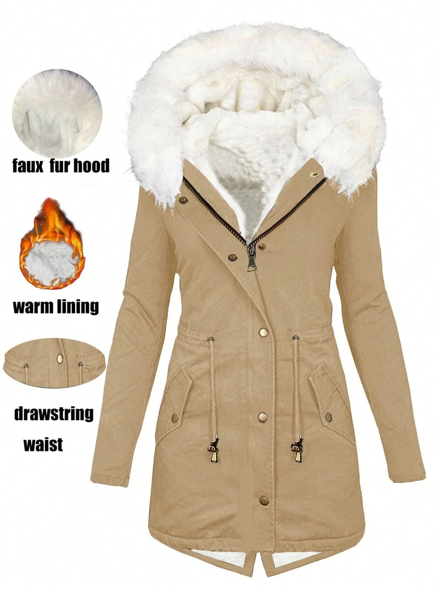 1 Áo khoác trùm đầu lót lông, có khóa kéo, mặc hàng ngày, dành cho nữ, thời trang thu/đông - Màu Khaki - Xem 1