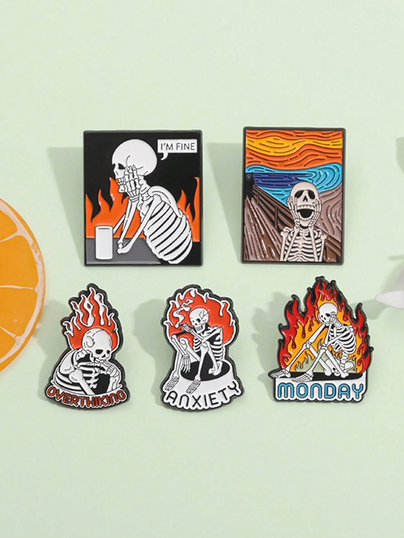 5pcs Skeleton Anxiety Enamel Pins Mental Health Overthinking Brooches