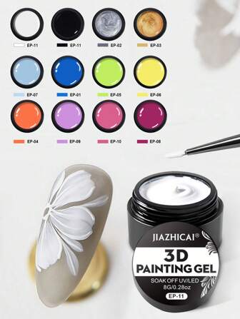 8克 12色 3D美甲彩绘凝胶雕塑凝胶美甲胶水，用于美甲设计DIY美甲雕刻3D凝胶彩绘绘画美甲塑形凝胶雕塑凝胶美甲装饰美甲饰品透明美甲美甲家庭沙龙DIY指甲油礼品。