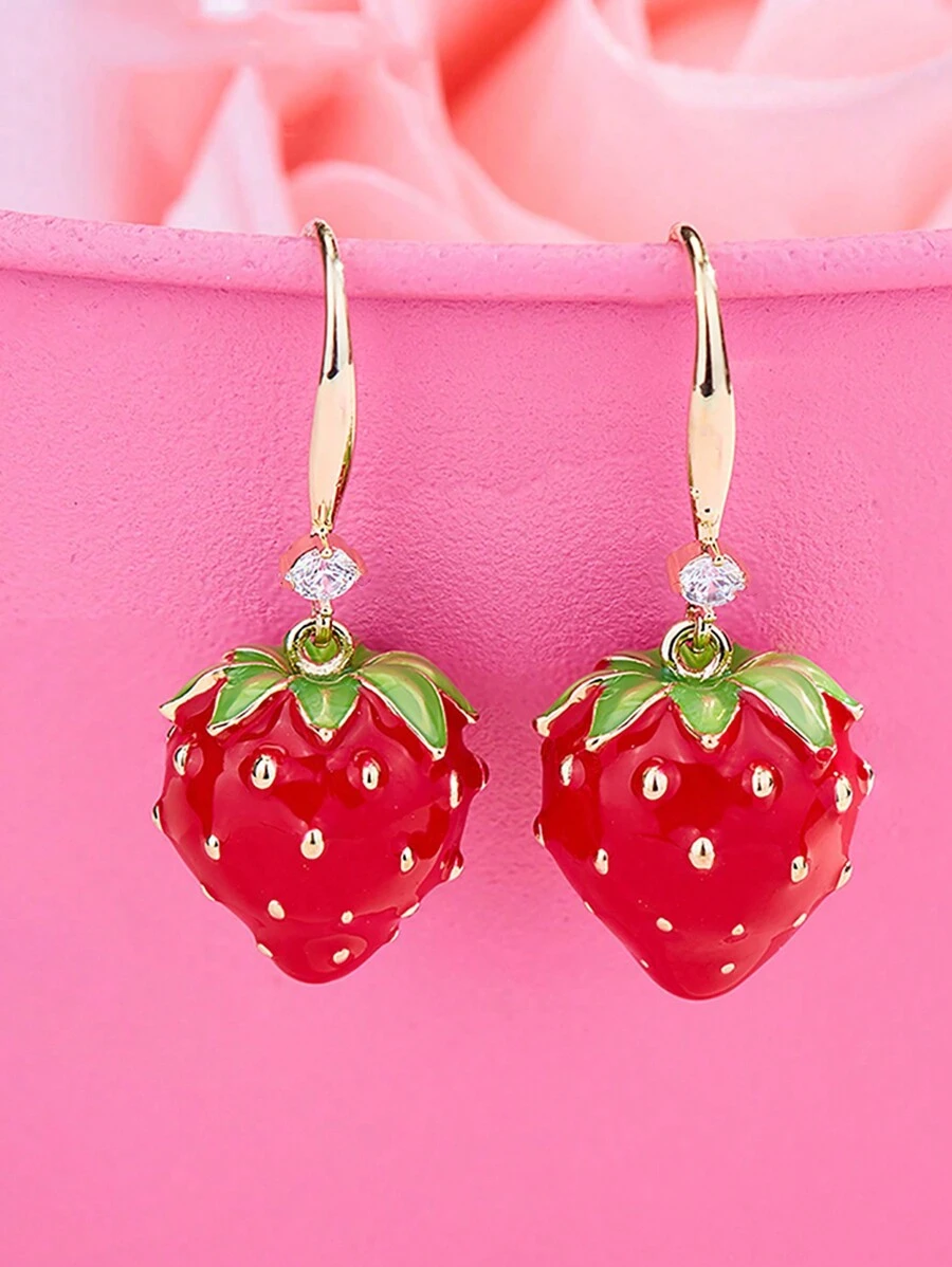 1pair Women's Lovely & Elegant 3d Strawberry & Rhinestone Inlaid Hook Earrings - Multicolor - View 1