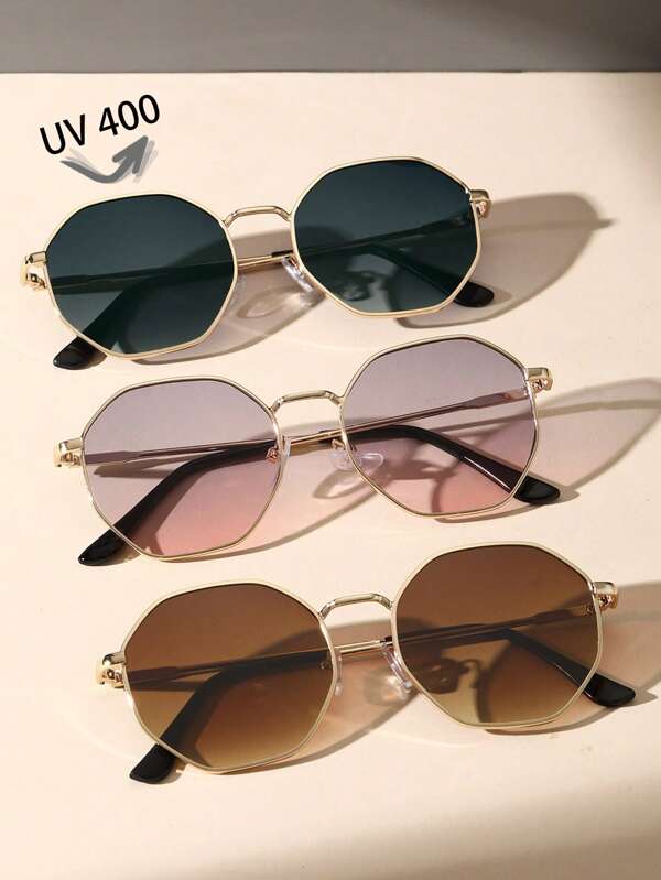 Óculos de sol com armação geométrica de metal clássico, 3 peças, moda, preto, rosa, proteção UV, para música, festa, férias, vida diária, acessórios de roupas ao ar livre, sombra elegante, roupa para passeios em família, viagens, férias, férias para o verão, praia, ao ar livre, viagem