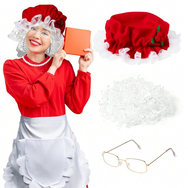 Décoration de Noël Lot de 3 pièces Costume de Mme Claus, Ensemble de robe de Mme Noël avec perruque, bonnette, lunettes pour déguisement de Noël