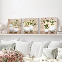 3 件/套浴室/走廊墙壁艺术，SZ HD 优雅帆布画印刷品，米色/棕褐色图片上的花瓶中的绿色春季植物，海报，墙壁艺术，房间装饰用品 - 彩色 - 查看 11
