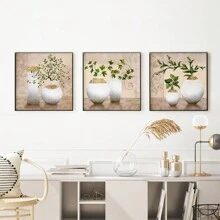 3 件/套浴室/走廊墙壁艺术，SZ HD 优雅帆布画印刷品，米色/棕褐色图片上的花瓶中的绿色春季植物，海报，墙壁艺术，房间装饰用品 - 彩色 - 查看 10