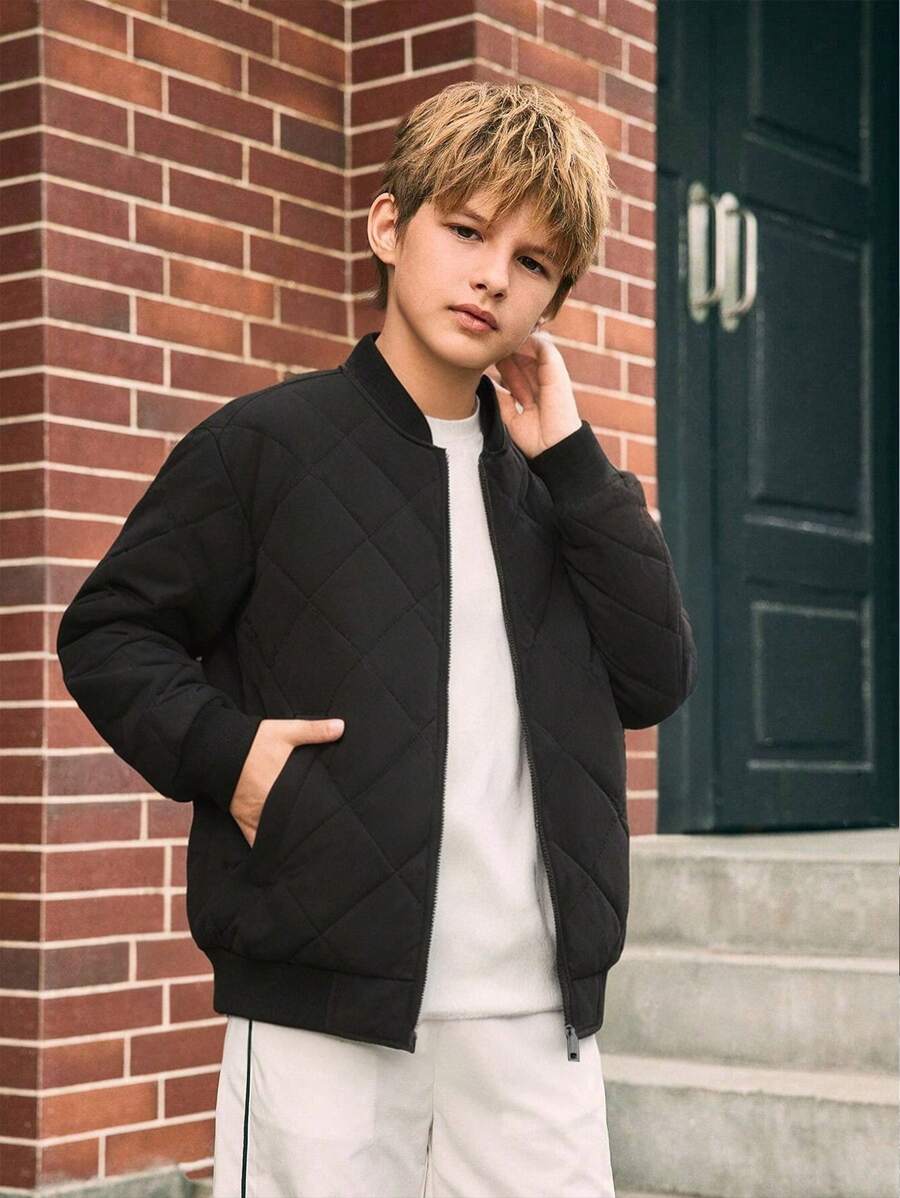 1pc Tween Boy Stand Collar Solid Color Fleece Thick Casual Sports Outdoor Warm Jacket, Autumn/Winter