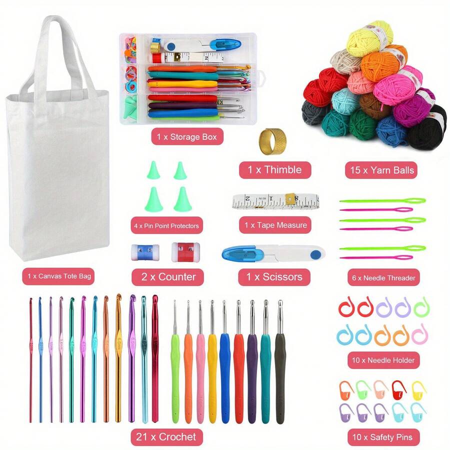73 Piece Crochet Kit Crochet Hooks Knitting Needles Yarn Balls And Tote