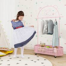 Kid Clothes Rack With 3 Adjustable Heights, Freestanding Clothes Rack On Wheels, Cartoon Wardrobe W/ Basket For Children Adults, Mobile Clothes Hanging Rod For Kids Room, Living Room, Pink - 粉色 - 查看 2