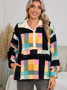 Acelitt Women's Multi-Color Plaid Print Contrast Color Half-Zip Collar Sweatshirt For Autumn/Winter