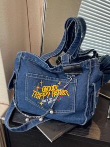 In 2024, The New Fashion Classic Joker Casual Letter Pattern Decoration Design Large-Capacity Shoulder Bag Metal Chain Decoration Design Tote Bag Is Suitable For Campus Use. - Dark Wash - View 2