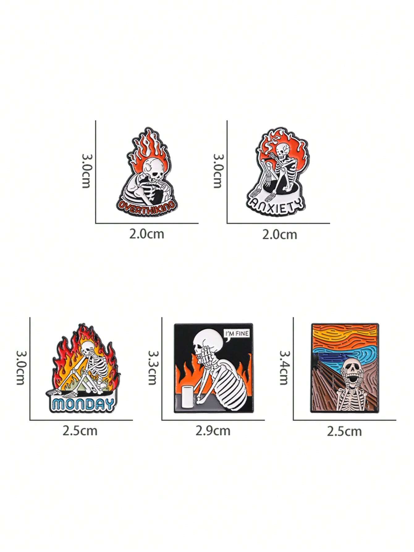 5pcs Skeleton Anxiety Enamel Pins Mental Health Overthinking Brooches