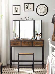 VASAGLE Dressing Table And Stool Set, Dressing Table With Triple Fold Mirror, 3 Drawers, Vanity Table With Steel Frame, Industrial Style, Rustic Brown And Black - Chocolate Brown - View 4