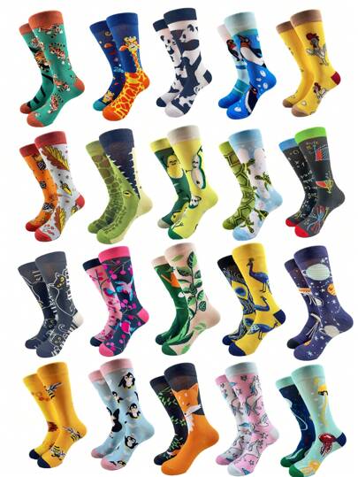 1 Pair Asymmetric Socks With Animal, Fruit, Planet Prints, Novelty Men Mid-Calf Socks, Fall
