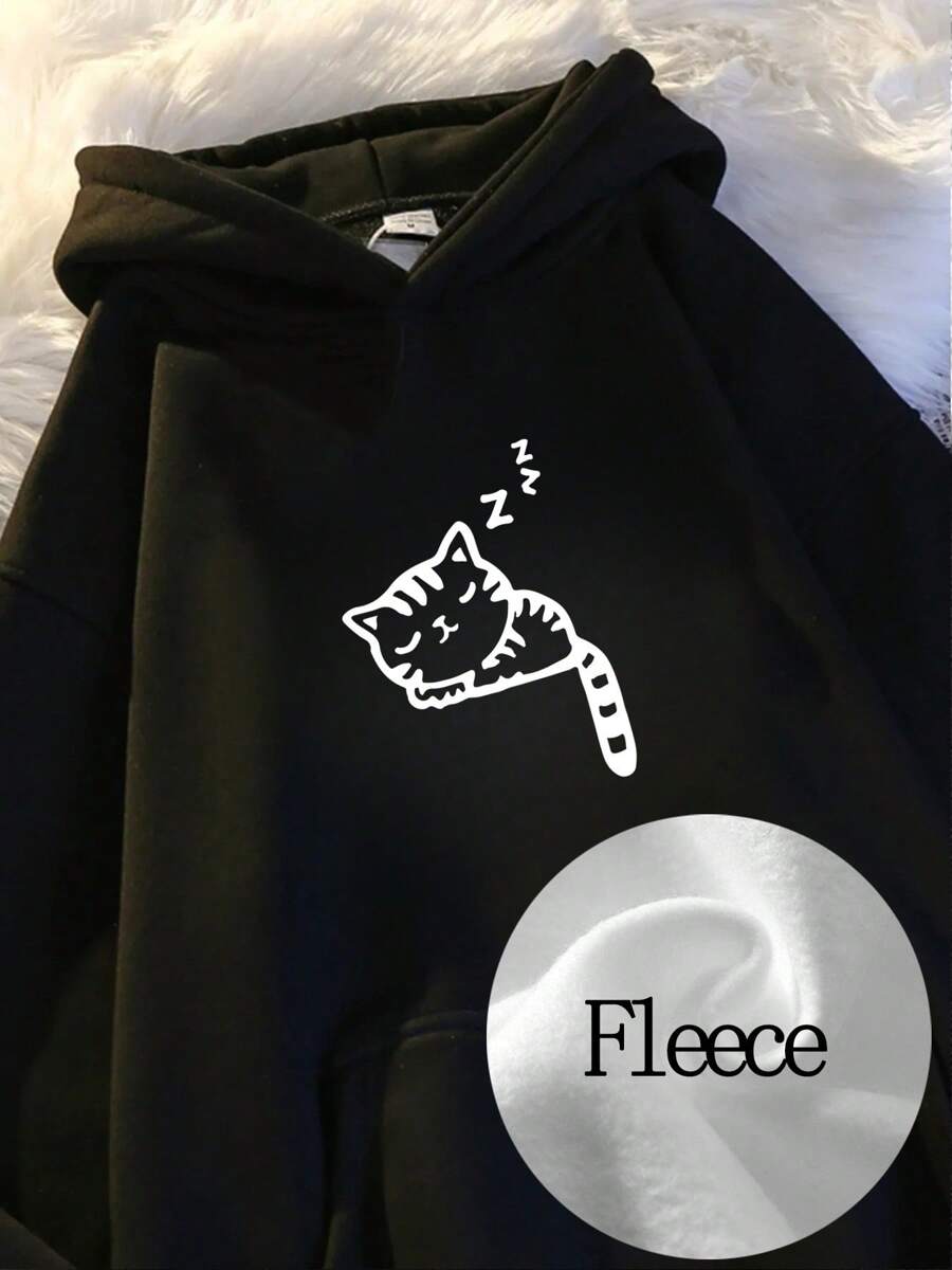 Loose-Fit Cat Print Hoodie Sweatshirt Printed Design