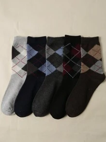 5pairs Men Geometric Pattern Socks, Fall