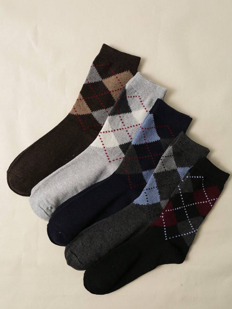 5pairs Men Geometric Pattern Socks, Fall
