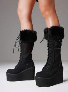 Punk Gothic Women Combat Boots Chunky Wedges Heel Fur Mid Calf Platform Luxury Winter Halloween Shoes Woman - màu đen - Xem 4