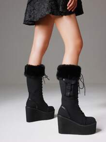 Punk Gothic Women Combat Boots Chunky Wedges Heel Fur Mid Calf Platform Luxury Winter Halloween Shoes Woman - màu đen - Xem 6