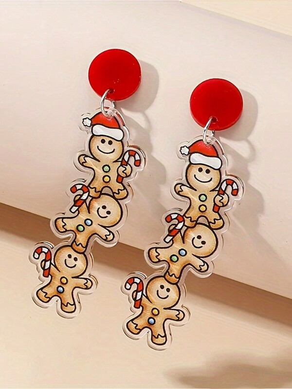 1 Pair Of Cute Gingerbread Man Acrylic Earrings For Kids - Perfect For Christmas And Festive Celebration Accessories