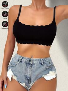 Solid Color Scallop Trim Seamless Yoga Tank Tops Comfy Breathable Wireless Sports Bra Bra Women's Lingerie Underwear - Black - View 3