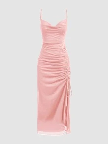 Women's Glitter Drawstring Split Hem Ruffled Neck Spaghetti Strap Party Dress, Wedding Guest Dress - Pink - View 1