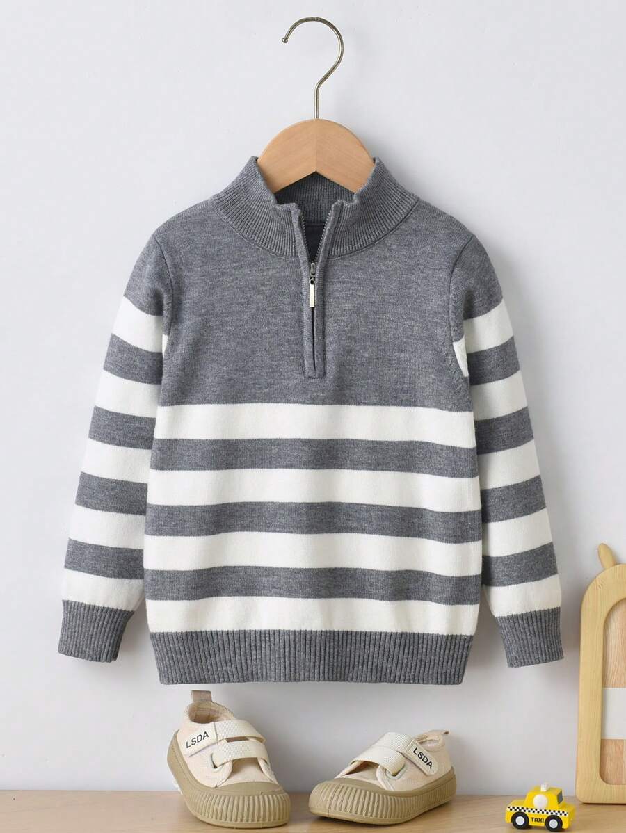 Tween Boy School Academy Style Striped Half Zip Up Sweater For Spring, Autumn & Winter - Grey - View 1
