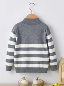 Tween Boy School Academy Style Striped Half Zip Up Sweater For Spring, Autumn & Winter - Grey - View 2