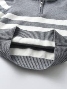 Tween Boy School Academy Style Striped Half Zip Up Sweater For Spring, Autumn & Winter - Grey - View 6