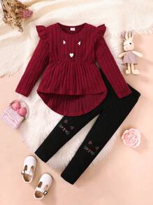 2 件套女孩可爱纯色条纹猫脸刺绣长袖上衣和裤子套装 - 酒紅色 - 查看 1