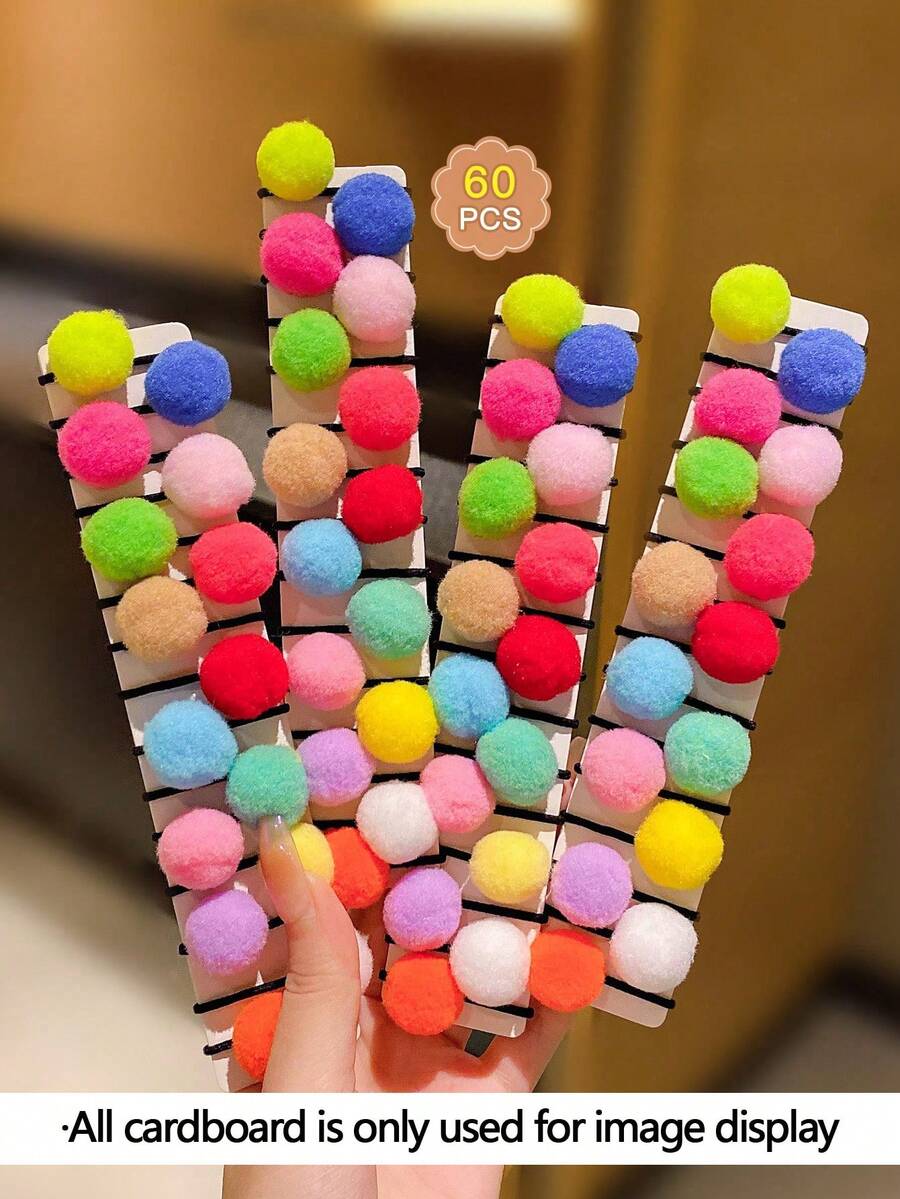 60 条装 可爱彩色 Pom Pom 发带，不伤发质，适合女孩 - 彩色 - 查看 1