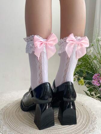 1pair Women Lace Ruffle Bow Pearl Decorated Calf Socks, Lolita Style For Girl, One Size Fit