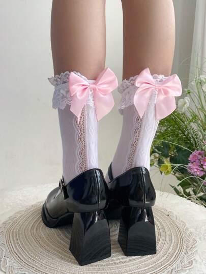 1pair Women Lace Ruffle Bow Pearl Decorated Calf Socks, Lolita Style For Girl, One Size Fit, Fall