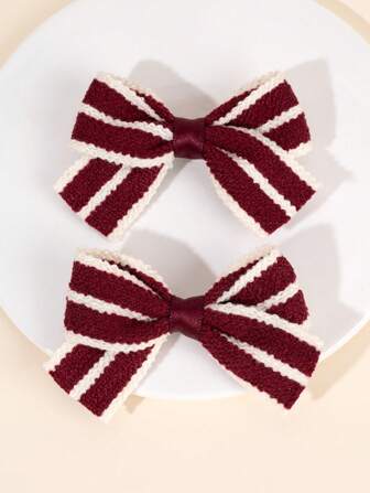 2pcs Wine Red Knitted Hair Bows For Girls Red Striped Bow Alligator Clips Toddler Girl Bows Clips Vacation Barrettes Kids Hair Accessories