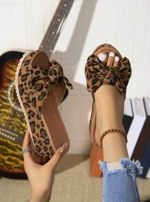 Últimos zapatos de mujer sexy para el verano, sandalias de plataforma y cuña con estampado de leopardo marrón y lazo, cómodas para usar en interiores y exteriores, para fiesta, cumpleaños, de altura versátil, aumentan la estatura y con suela antideslizante de moda - estampado de leopardo - Ver 3