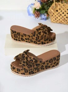 Últimos zapatos de mujer sexy para el verano, sandalias de plataforma y cuña con estampado de leopardo marrón y lazo, cómodas para usar en interiores y exteriores, para fiesta, cumpleaños, de altura versátil, aumentan la estatura y con suela antideslizante de moda - estampado de leopardo - Ver 4