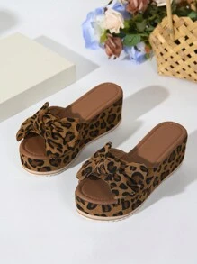 Últimos zapatos de mujer sexy para el verano, sandalias de plataforma y cuña con estampado de leopardo marrón y lazo, cómodas para usar en interiores y exteriores, para fiesta, cumpleaños, de altura versátil, aumentan la estatura y con suela antideslizante de moda - estampado de leopardo - Ver 5