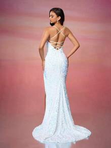 女式天鹅绒亮片露背开衩裙，带拖尾，白色正式晚会舞会礼服，适合婚礼嘉宾、毕业典礼、晚宴