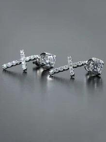 1 paire de boucles d'oreilles à clous argentés de style mode punk avec croix, bijoux avec strass blancs pour hommes et couples, accessoires d'oreilles Hip Hop - boucle d'oreille - Voir 3