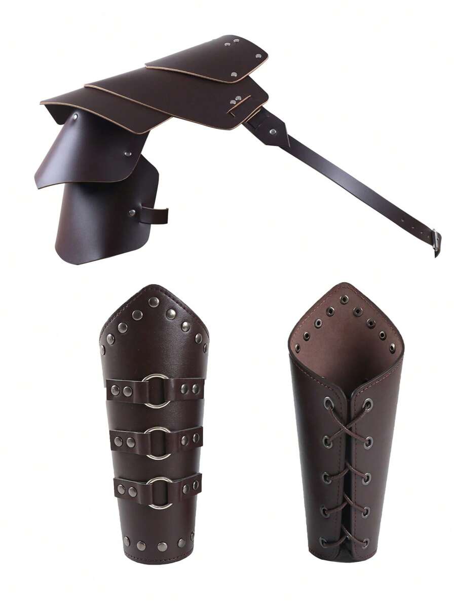3PCS Men Medieval Knight PU Leather Arm Sheath Warrior Gladiator Samurai Gothic Rivets Shoulder Armors With Arm Strap Set Halloween - Brown - View 1