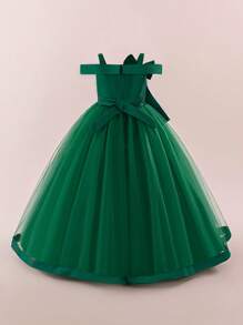 Tween Girls' Faux Pearl Decor Bow Mesh Elegant Birthday Party Dress, Suitable For Wedding, Prom, Does Not Include Headband - Dark Green - View 4