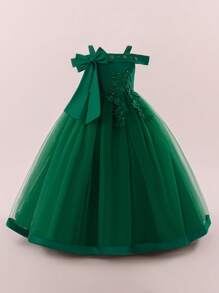 Tween Girls' Faux Pearl Decor Bow Mesh Elegant Birthday Party Dress, Suitable For Wedding, Prom, Does Not Include Headband - Dark Green - View 5