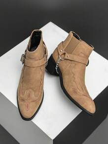 男士复古切尔西靴，带链条装饰，绒面摩托车踝靴