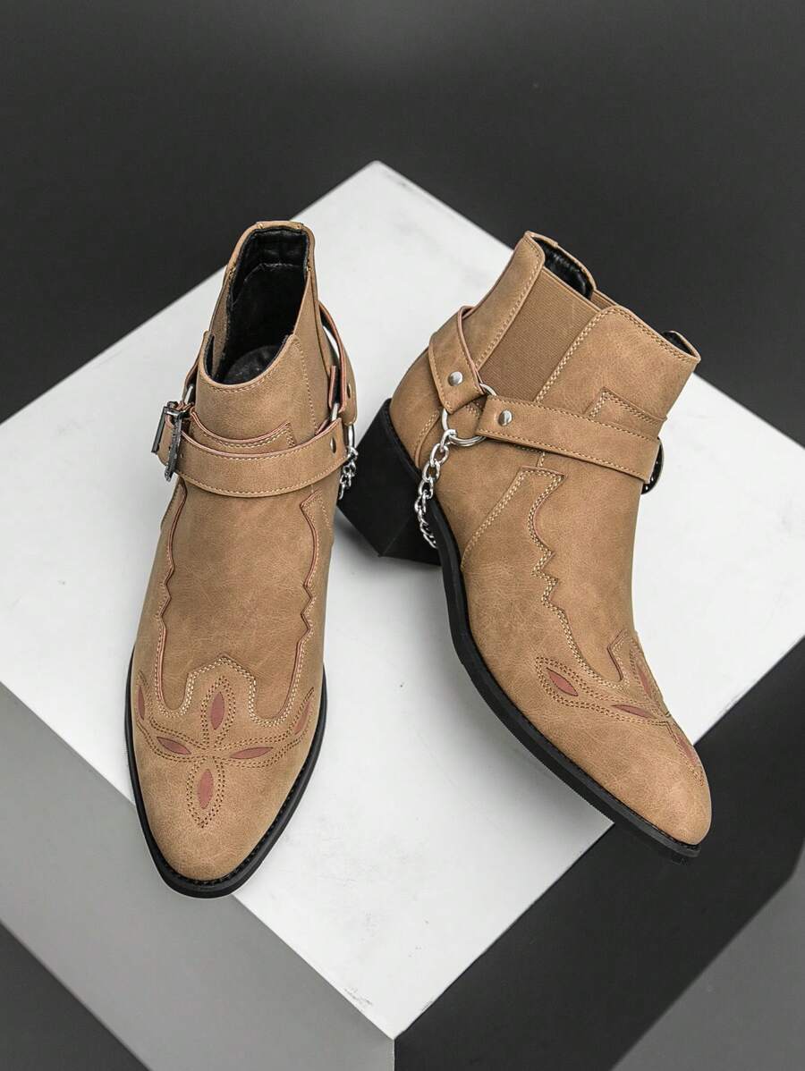 Men's Retro Chelsea Boots With Chain Decor, Suede Motorcycle Ankle Boots
