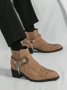 男士复古切尔西靴，带链条装饰，绒面摩托车踝靴