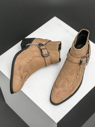 男士复古切尔西靴，带链条装饰，绒面摩托车踝靴