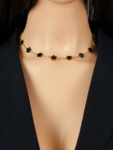 RAYQUEEN 1 Peça Colar Pendente de Flor em Patchwork de Aço Inoxidável, Preto e Branco, Uso Diário Versátil e na Moda para Mulheres - Ouro amarelo - Visão 2