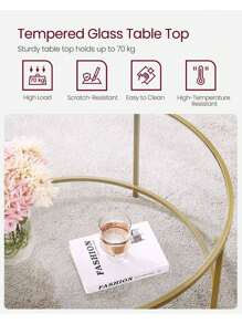 VASAGLE Round Coffee Table For Living Room, Glass Coffee Table With Metal Frame, Modern Coffee Table, Metallic Gold - Gold - View 5