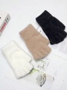 1 par de guantes sin dedos mullidos de unicolor para mujer, calentadores de muñeca de punto, adecuados para el calor diario de invierno en deportes al aire libre